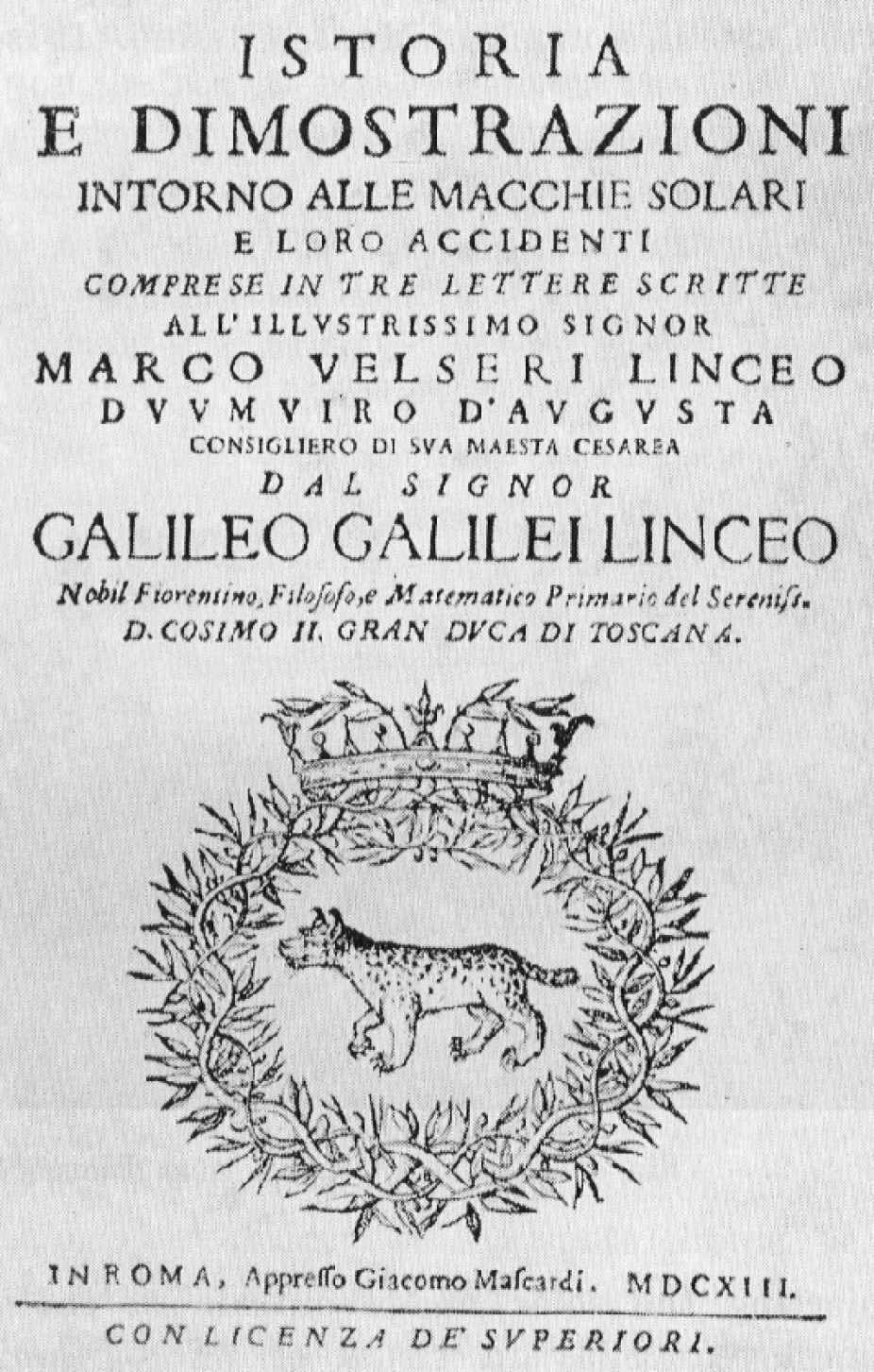 Title page of Galileo's Letters on Sunspots, published in Rome in 1613