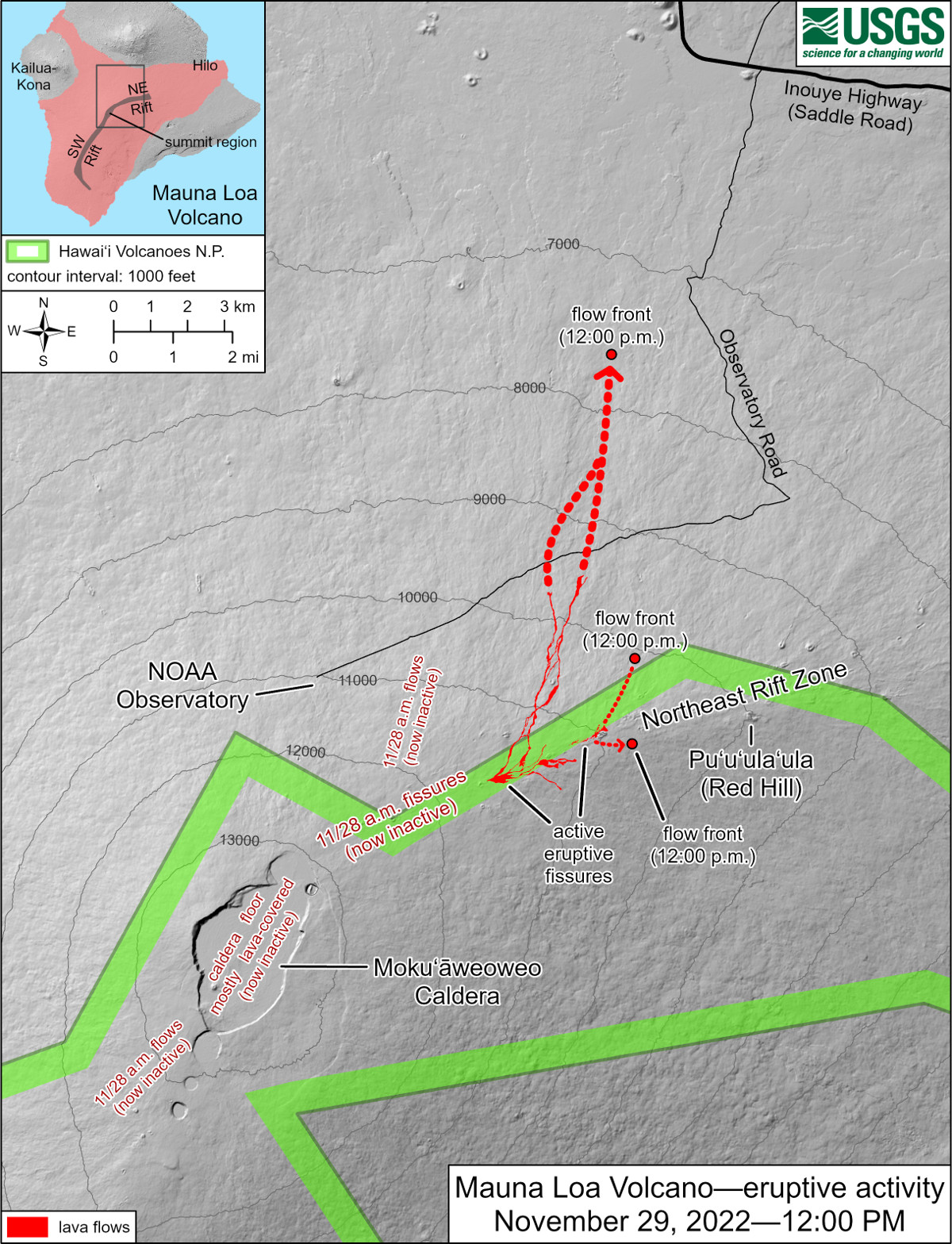 USGS map showing lava flow across the access road. Note that 'NOAA Observatory' is same site as MLSO.
