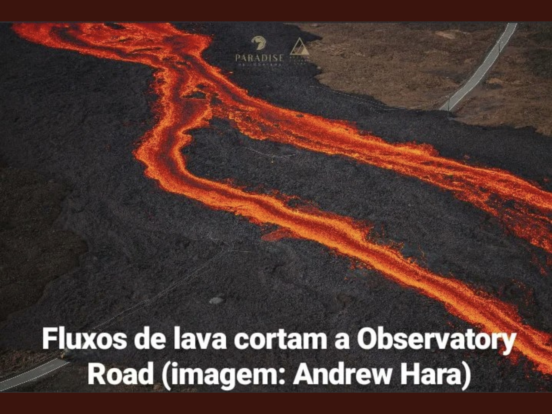 Helicopter view of the Mauna Loa lava flow over the access road.