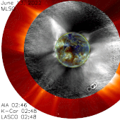 CME composite of AIA EUV composites (blue/green disk), Mauna Loa K-Cor (b/w images) and LASCO C2 (red images)