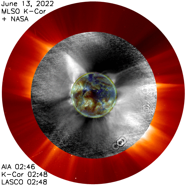 2022-06-13 CME composite showing NASA AIA EUV composites (blue/green disk), Mauna Loa K-Cor (b/w images) and LASCO C2 (red images)