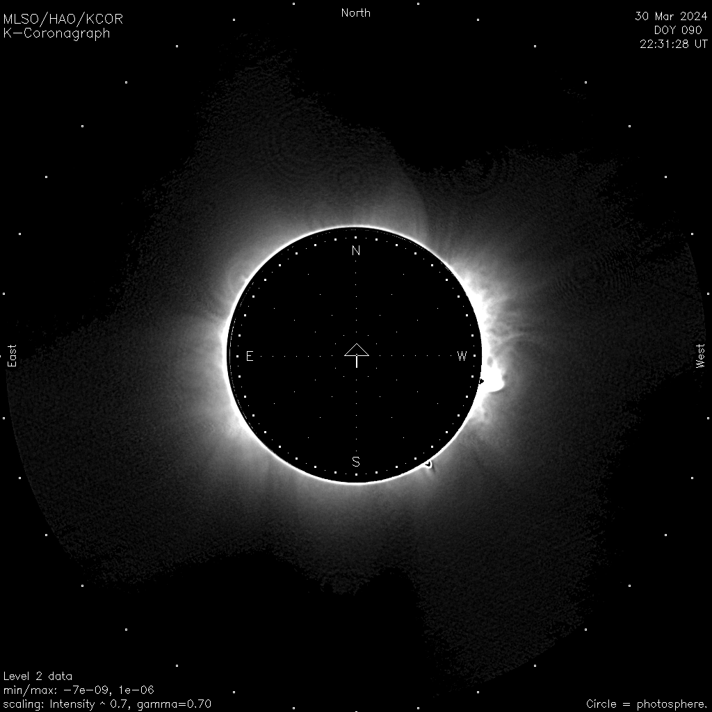 A movie of an explosive event known as a coronal mass ejection (CME) seen on March 30, 2024 from the K-Cor instrument at MLSO. This movie shows what you would see at a total solar eclipse. The movie was taken 9 days before the upcoming April 8 eclipse. The corona will look a little different on April 8 since the Sun rotates bringing slightly different-looking structures into view.