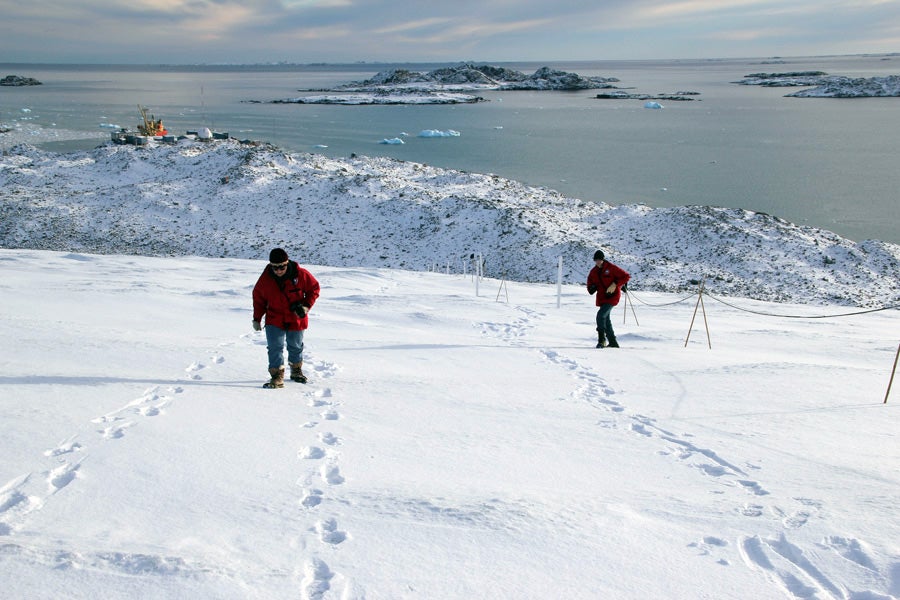 Climbing up a glacier.
