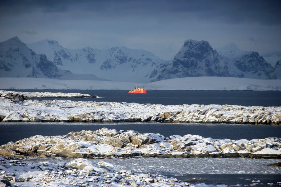 The ship Gould approaching Palmer Station.