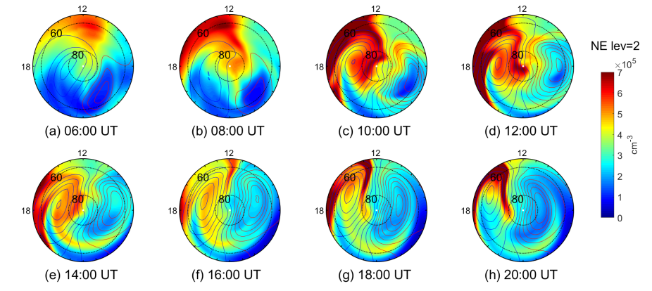 Polar maps of the simulated electron density at pressure level 2 (~300 km) in the Northern Hemisphere as a function of geographic latitude and local time on 17 March 2013