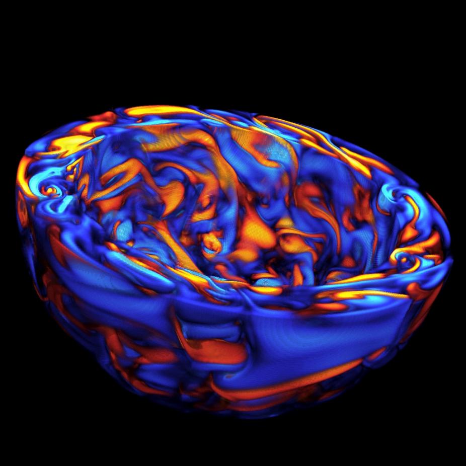 Volume visualization of the longitudinal magnetic field component in a 3D MHD simulation of solar convection