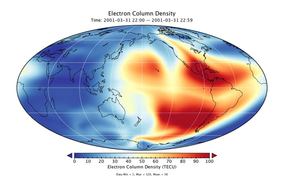 WACCM-X simulation of the "April Fools" geomagnetic storm in 2001, showing the global electron column density in units of 1012 cm-2