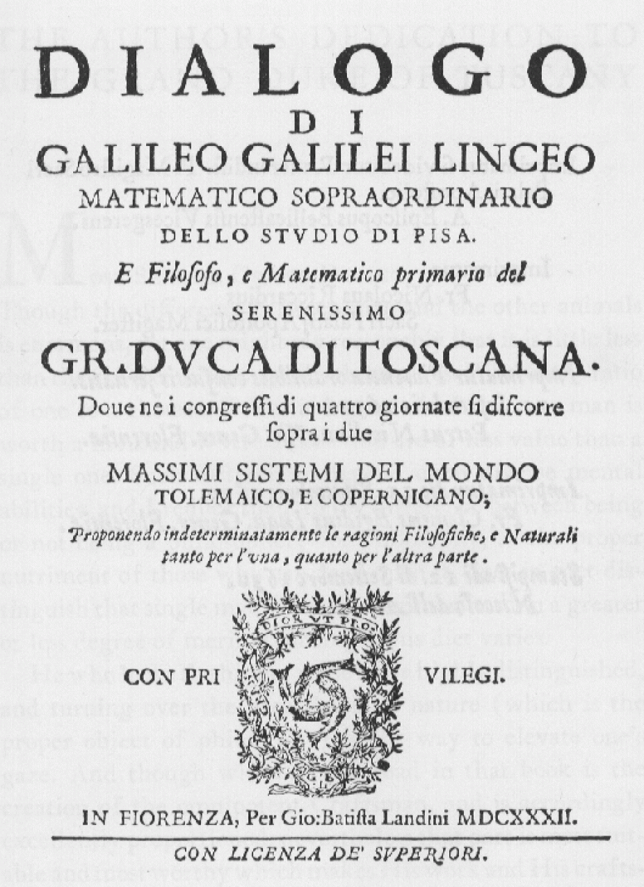 Title page of Galileo's Dialogue Concerning the Two Chief World Systems, published in Florence in 1632