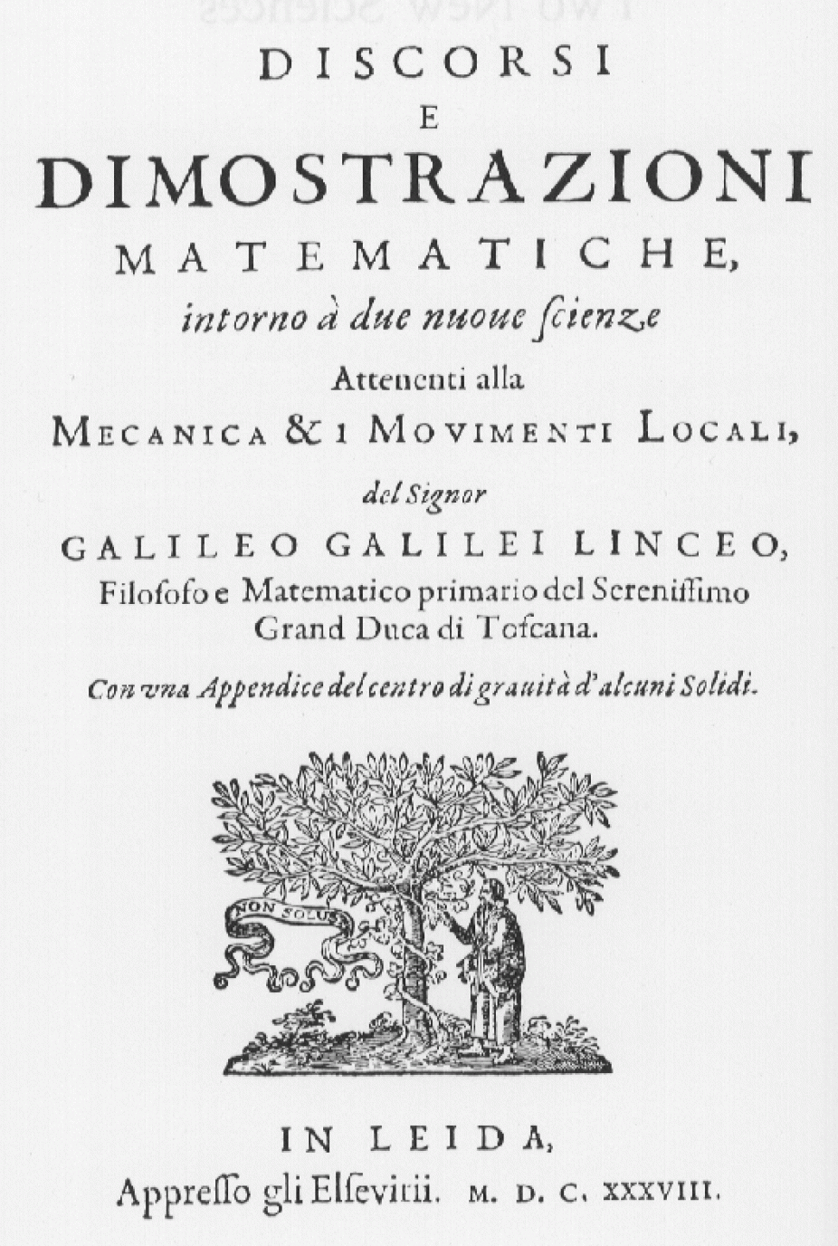 Title page of Galileo's The Discourses and Mathematical Demonstrations Relating to Two New Sciences published in 1638 