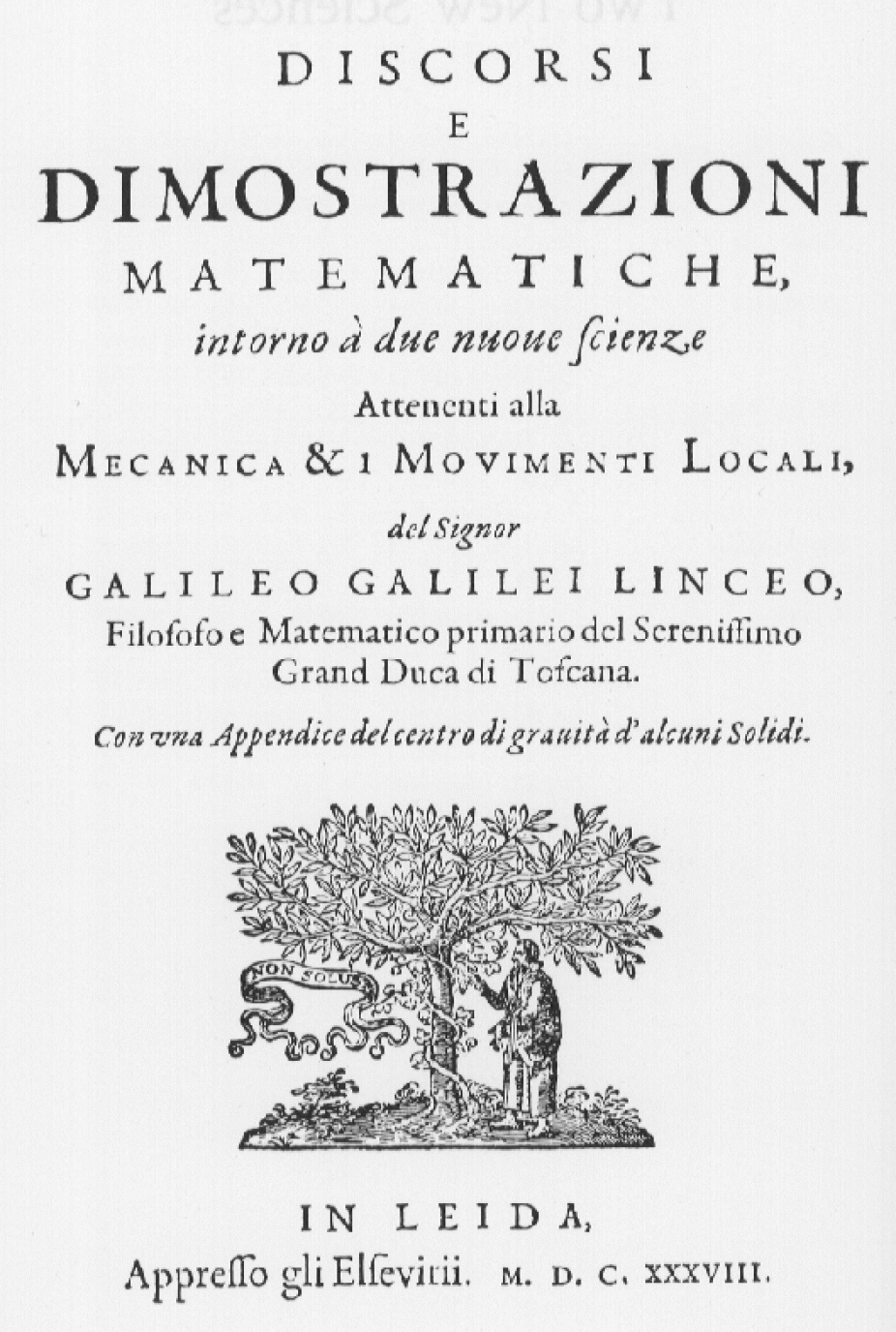 Title page of Galileo's The Discourses and Mathematical Demonstrations Relating to Two New Sciences published in 1638