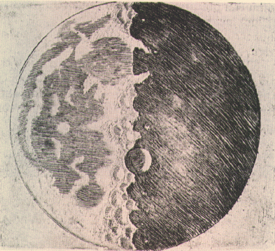 Drawings of the moon as seen with Galileo's telescope. Drawing reproduced from Galileo's 1610 Sidereus Nuncius.