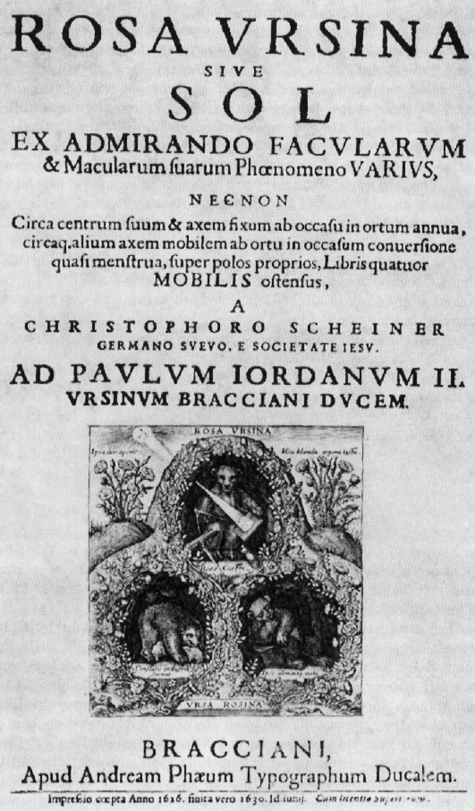 Frontispiece of Scheiner's "Rosa Ursina", published in Bracciano between 1626 and 1630