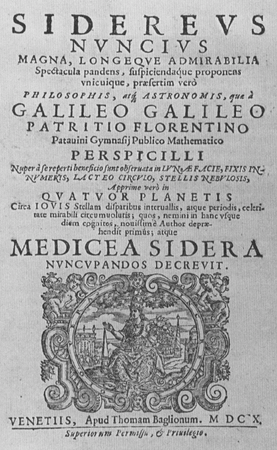 Title page of Galileo's Sidereus Nuncius, published in Venice in 1610