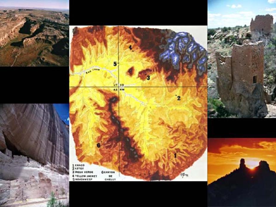 Map of San Juan River basin surrounded by (clockwise from upper right): Casa Rinconada area in Chaco Canyon, Holly House Ruins in Hovenweep, the twin towers of Chimney Rock, and White House Ruin in Canyon de Chelly