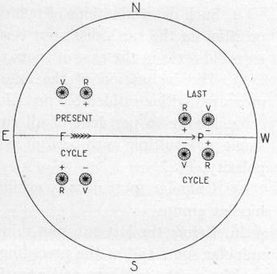 Diagram illustrating Hale's Polarity Law, which presents evidence for the existence of a well-organized large-scale magnetic field in the solar interior that cyclically changes polarity every 11 years or so