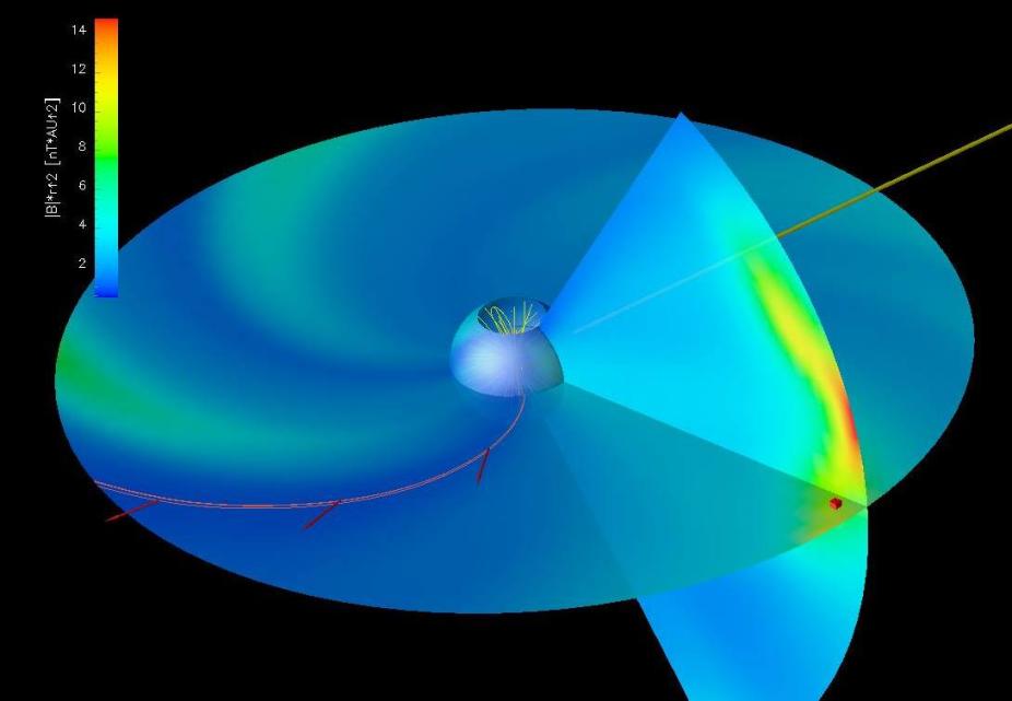 Student-produced visualization of a solar wind model, highlighting a co-rotating interaction region (CIR) heading toward Earth (2017)