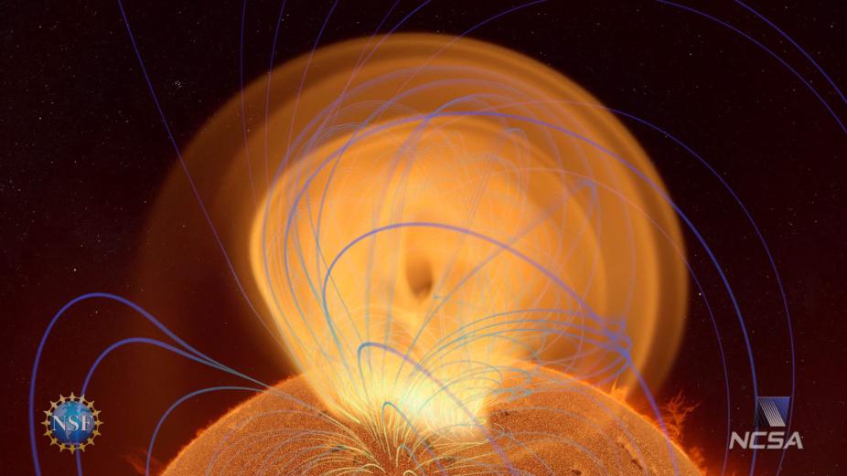 Coronal Mass Ejection (CME) simulation by Y. Fan (HAO/NCAR). Visualization by the Advanced Visualization Lab at NCSA/Univ. Illinois (D. Cox et al.), with financial support from NSF.