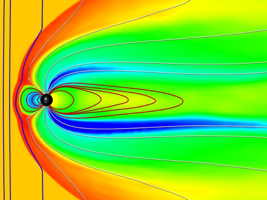 Numerical simulation of the Earth's magnetosphere, shaped by the solar wind