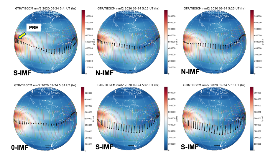 6 blue earth images showing the progression of nightside vertical ion drift