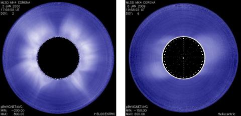 Mk4 images of the solar corona near solar maximum in Jan 2000 and solar minimum