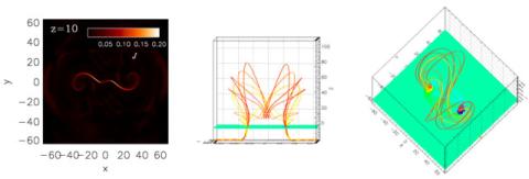 The left panel shows the electric current density in a horizontal plane at height z=10 in the chromosphere. The middle and right panels show two perspective views of a set of 3D field lines traced from a few points along the current concentration shown in the left panel