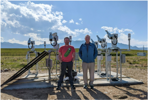 Damon Burke and Steve Tomczyk of HAO, shown with the COSMO Phase I site survey equipment currently at the NCAR Marshall Field site just south of Boulder Colorado