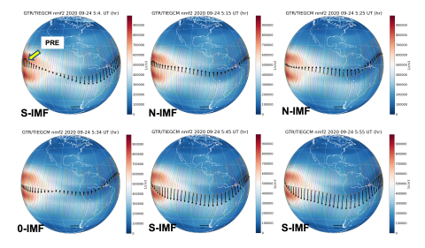 6 blue earth images showing the progression of nightside vertical ion drift