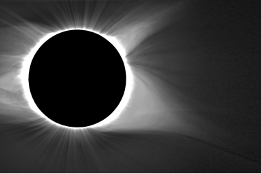 Fully processed image of the corona generated by stacking many co-aligned, calibrated images and applying a radial filter and multi-scale unsharp mask to bring out details at higher altitudes