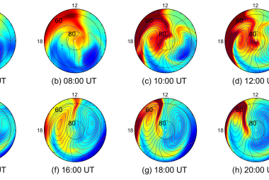 Polar maps of the simulated electron density at pressure level 2 (~300 km) in the Northern Hemisphere as a function of geographic latitude and local time on 17 March 2013