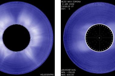 Mk4 images of the solar corona near solar maximum in Jan 2000 and solar minimum
