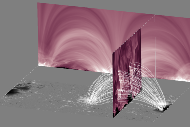 3D view of the simulated corona; bottom panel: magnetogram; back panel: synthetic AIA 211A coronal image; middle vertical plane: volumetric emissivity. Field lines are included for reference.