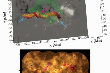 The reconstructed three-dimensional magnetic field supporting a solar filament (top) and the corresponding filament observed by the Swedish Solar Telescope (bottom).